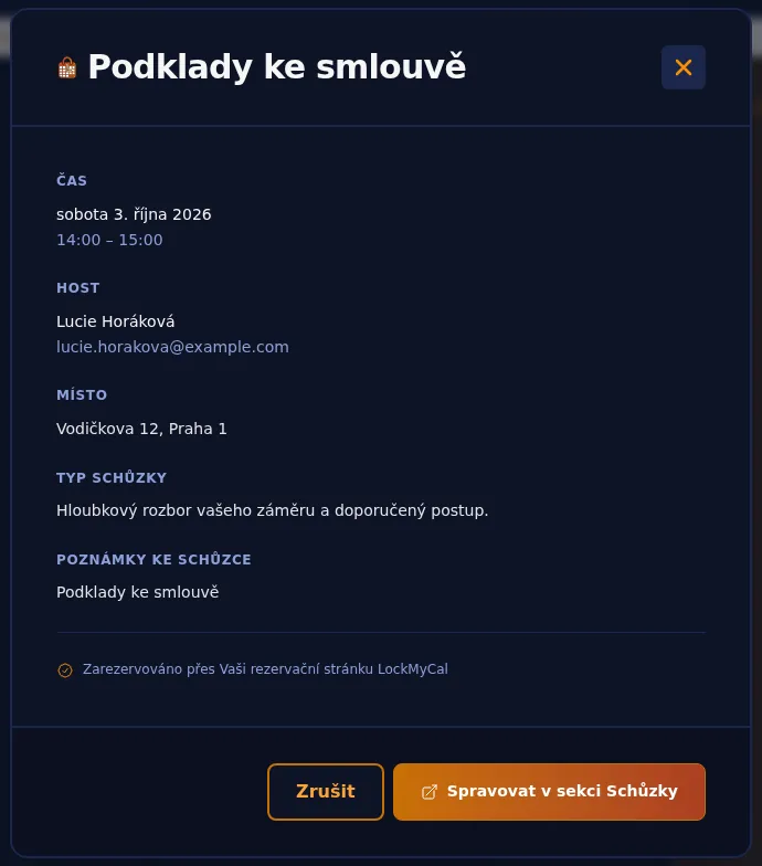 Dialog s detailem rezervace